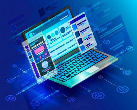 Illustration of a laptop displaying various mobile app interfaces, representing Samyak Infotech's expertise in cross-platform mobile app development using AngularJS for seamless performance on both iOS and Android devices.