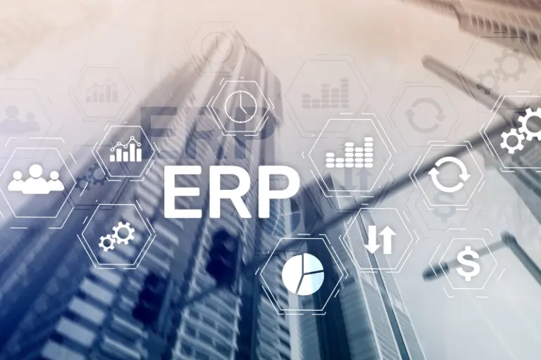 Holographic ERP icons overlaid on a cityscape, representing MuleSoft developers integrating a legacy ERP system with modern applications for a manufacturing company to enhance resource planning and operational productivity.