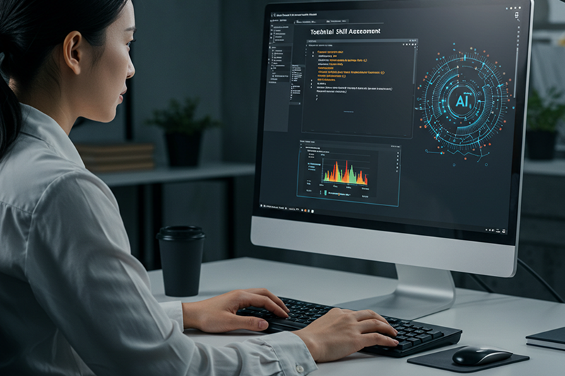 Female professional conducting AI coding skill assessment on a desktop interface, representing evaluation of remote AI developer capabilities