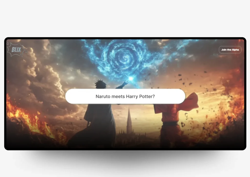 AI-powered comic platform showcasing a fantasy crossover scene with magical and ninja elements, representing immersive storytelling that blends characters like Naruto and Harry Potter using AI-generated visuals.