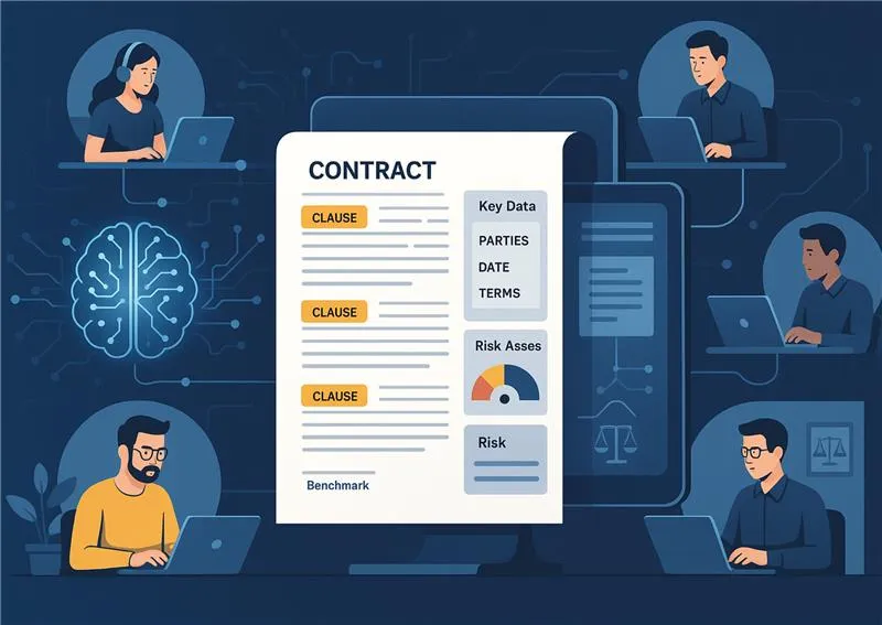 Illustration of an AI-powered contract lifecycle management tool showing automated clause extraction, risk analysis, and legal document comparison, surrounded by remote developers collaborating digitally.
