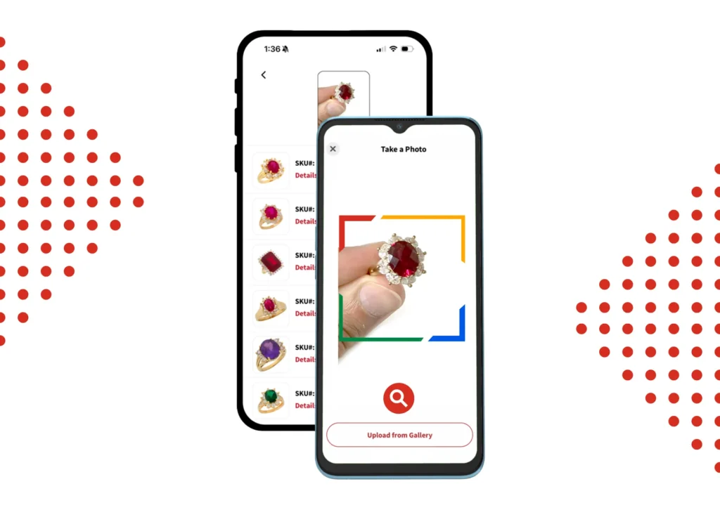 Mobile app interface showing AI-powered jewelry detection by scanning a ruby ring and matching it with similar ring designs from a product database using YOLO and OpenCV technology.