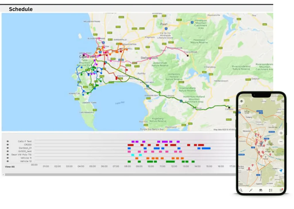 Map-based logistics dashboard showing optimized delivery routes across Cape Town with a schedule timeline and a mobile app interface displaying real-time agent tracking, highlighting automated agent and flight selection using AI.