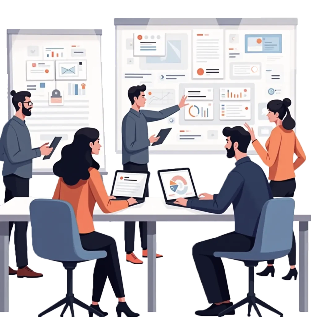 Illustration of a team working on AI-powered MVP development, with a focus on task management, productivity, and project tracking. The image features a computer screen displaying various icons related to MVP development, time management, and project progress, including a timer, checklist, and app interface.