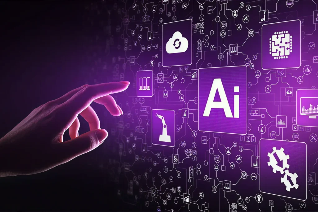 Hand interacting with digital AI interface featuring icons for cloud syncing, automation, analytics, and machine learning, symbolizing how AI agents sense, think, and act to perform tasks intelligently.