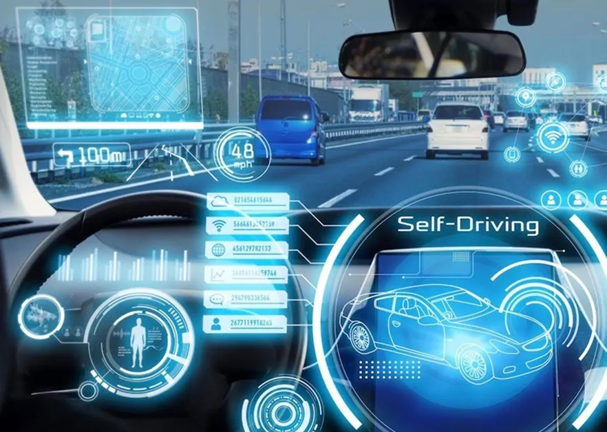 Futuristic view from inside a self-driving car using AI agent technology, with digital dashboards displaying speed, navigation, and vehicle analytics, showcasing how intelligent agents perceive and make driving decisions autonomously.