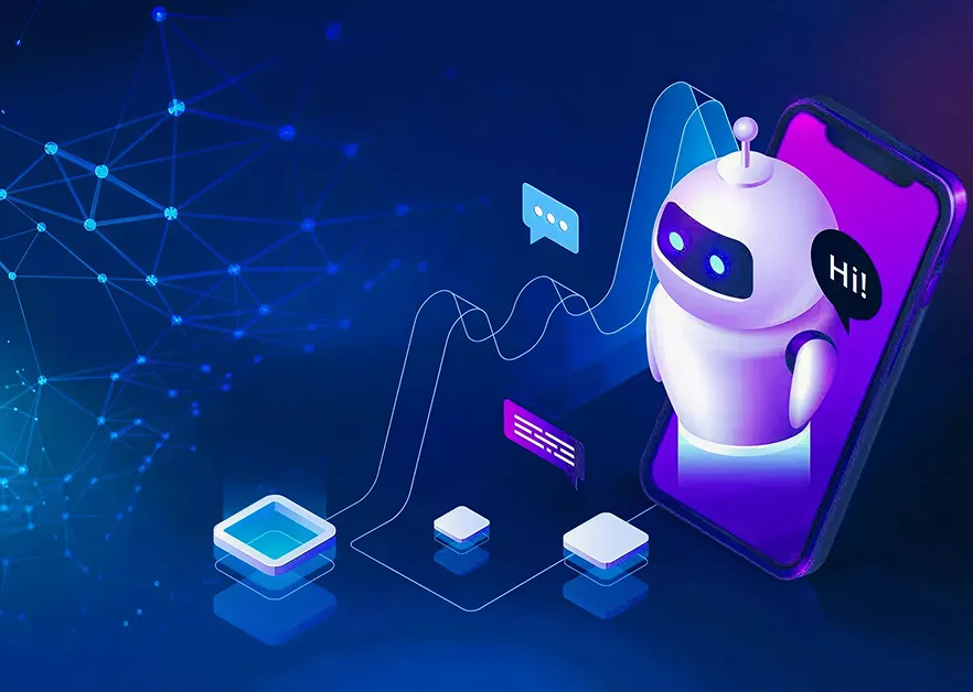 3D chatbot emerging from a smartphone screen with digital conversation icons, representing how AI agents like Siri or Alexa sense user input, process information, and respond with intelligent actions.