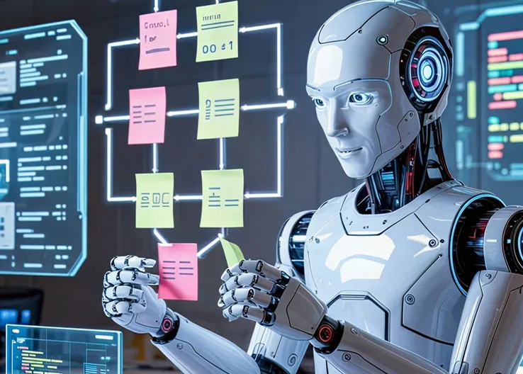 Humanoid robot organizing sticky notes in a digital workflow diagram, representing autonomous decision-making and task execution—powered by advanced AI agent development solutions.