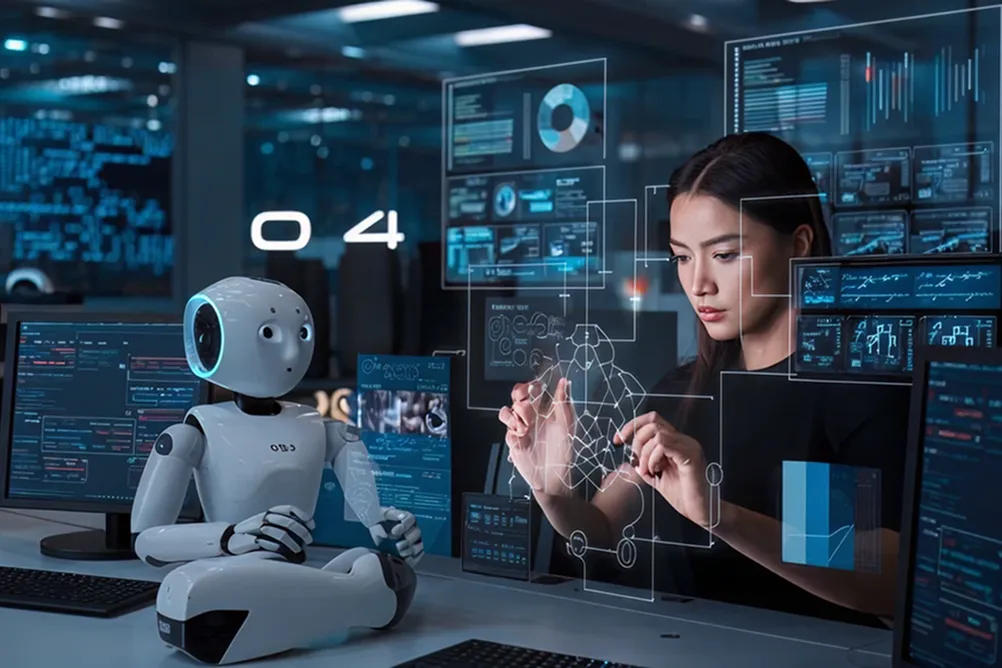 Female developer collaborating with humanoid robot in a high-tech lab, designing intelligent AI systems on futuristic digital interface—representing Samyak’s expertise as a leading AI agents development company.