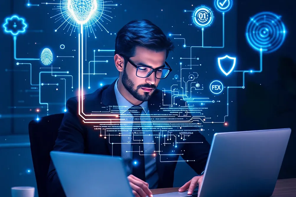 Business professional working on laptop with digital brain and neural network graphics, representing adaptive AI agents that learn and evolve—powered by expert agentic AI development services.