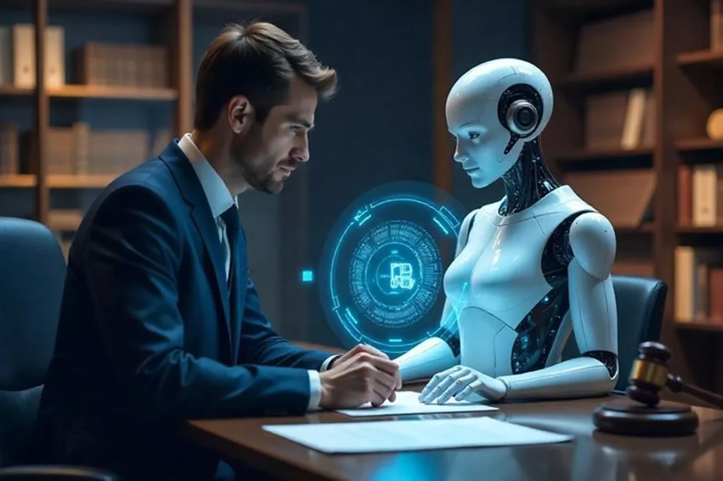 Businessman and humanoid robot reviewing documents with a digital interface in a modern office, symbolizing ongoing AI agent maintenance, system updates, and performance monitoring for long-term functionality and cost planning.