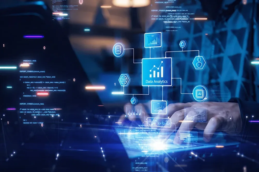 Hands typing on laptop with digital data analytics interface, illustrating AI agents analyzing trends and forecasting outcomes—built by a top AI agents development company.