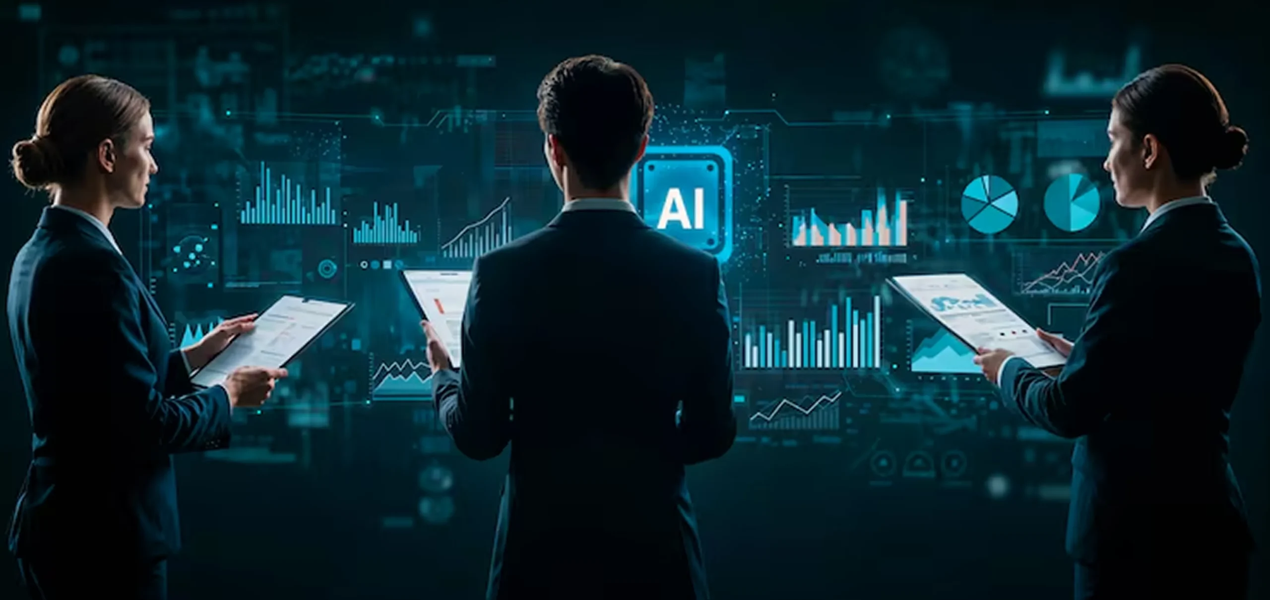 Business professionals analyzing AI-driven data dashboards to compare minimum viable product vs minimum marketable product strategies for startup scaling