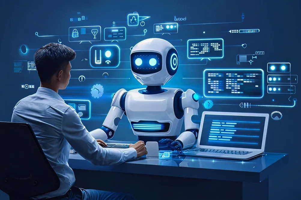 Business professional interacting with autonomous humanoid robot in a futuristic workspace, showcasing real-time decision-making AI—highlighting services from a top AI agents development company.