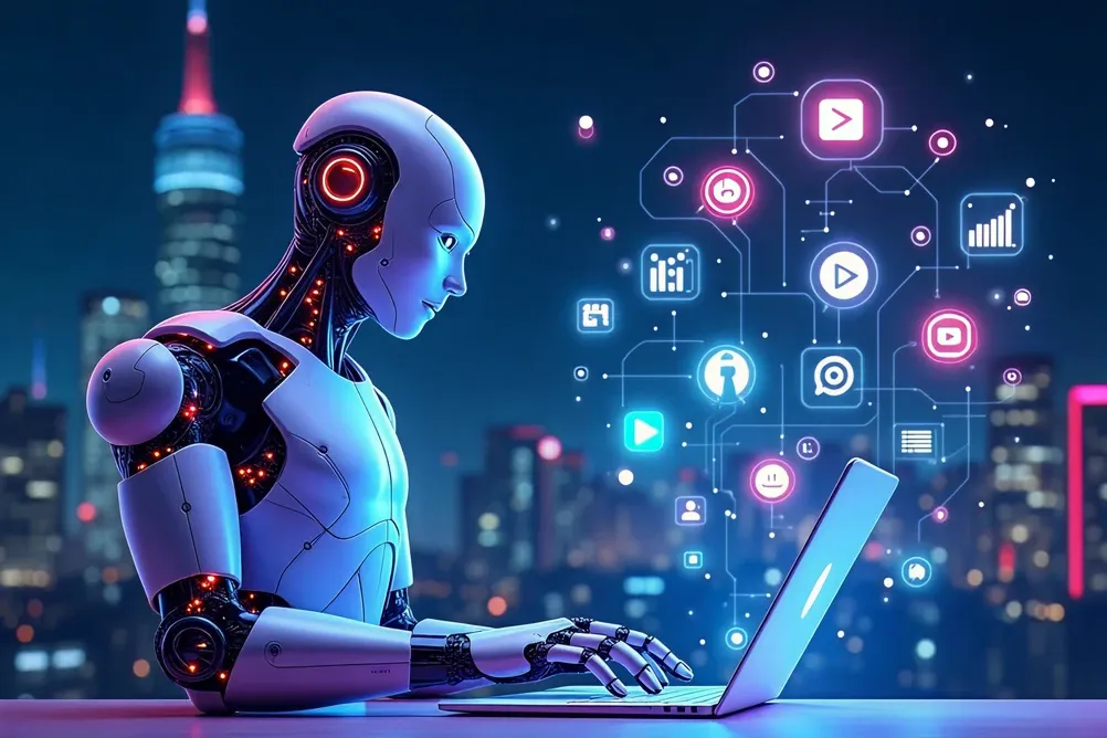 Futuristic humanoid AI working on a laptop with floating smart app icons, symbolizing autonomous decision-making and intelligent user interaction—enabled by expert AI agent development services.