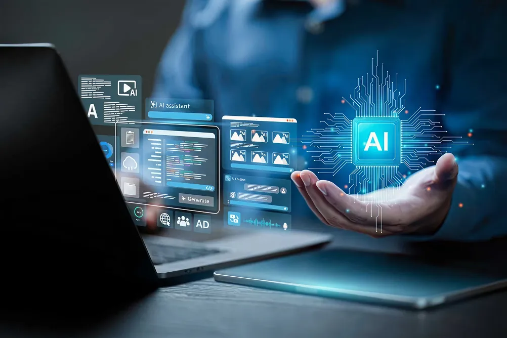 Business professional interacting with AI interface showing contextual data and decision logic visuals—demonstrating context-aware automation by advanced AI agent development solutions.