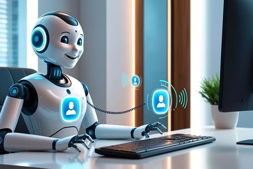 Friendly humanoid robot using computer to interact with users via voice and chat interfaces—demonstrating conversational AI developed by a leading agentic AI development company.