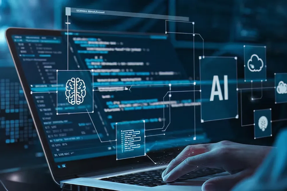 Close-up of developer coding on laptop with AI and brain icons overlaid, illustrating natural language processing integration for human-like conversations—delivered by expert AI agent development services.