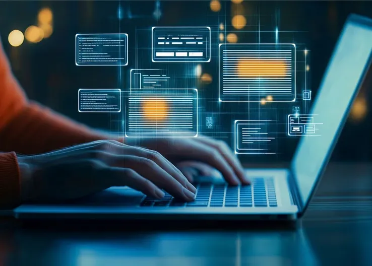 Hands typing on laptop with digital data processing interfaces, representing how AI agents perceive and analyze input in real time—enabled by advanced AI agent development solutions.
