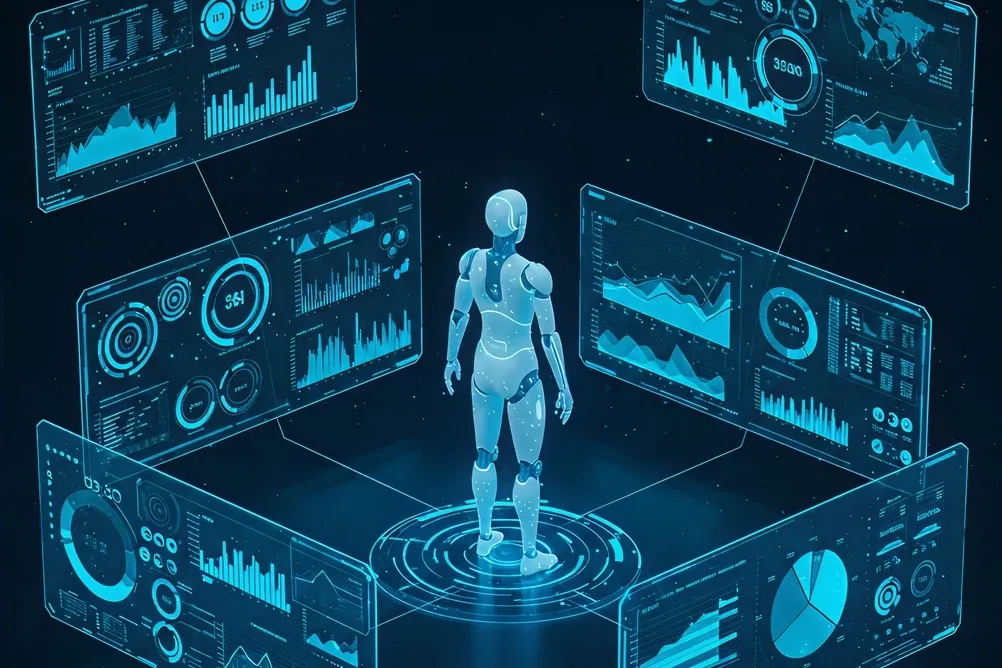 Futuristic humanoid AI surrounded by interactive data dashboards analyzing performance metrics—illustrating multi-agent systems designed by a top agentic AI development company.