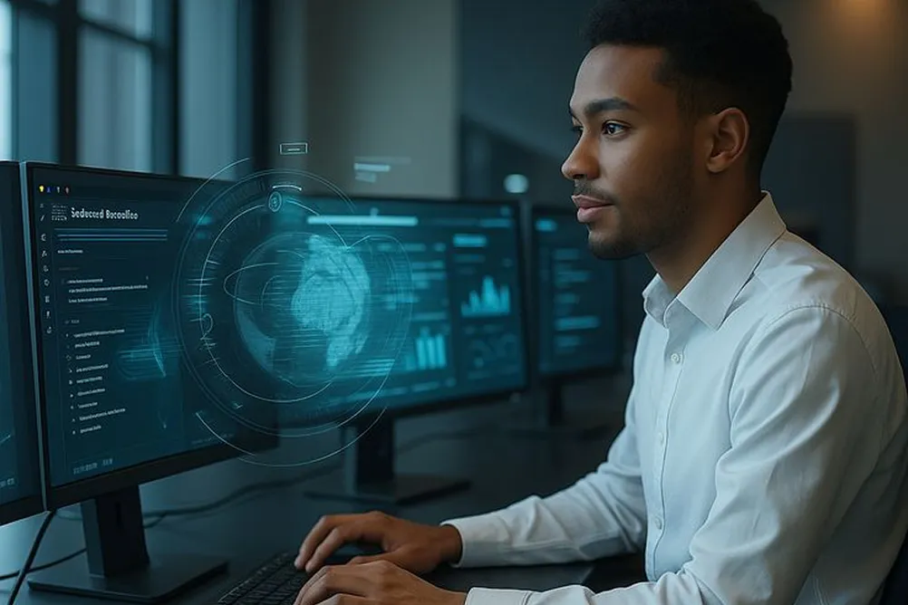Professional analyzing live dashboards on multiple monitors with digital globe interface, representing real-time feedback loops and performance optimization—powered by agentic AI development services.