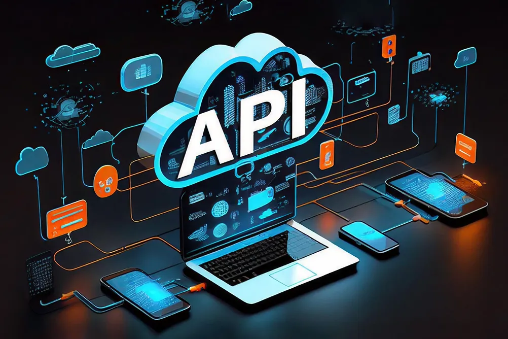 Laptop connected to cloud-based API with multiple smart devices, symbolizing seamless system integration with CRMs, ERPs, and apps—enabled by expert AI agent development solutions.