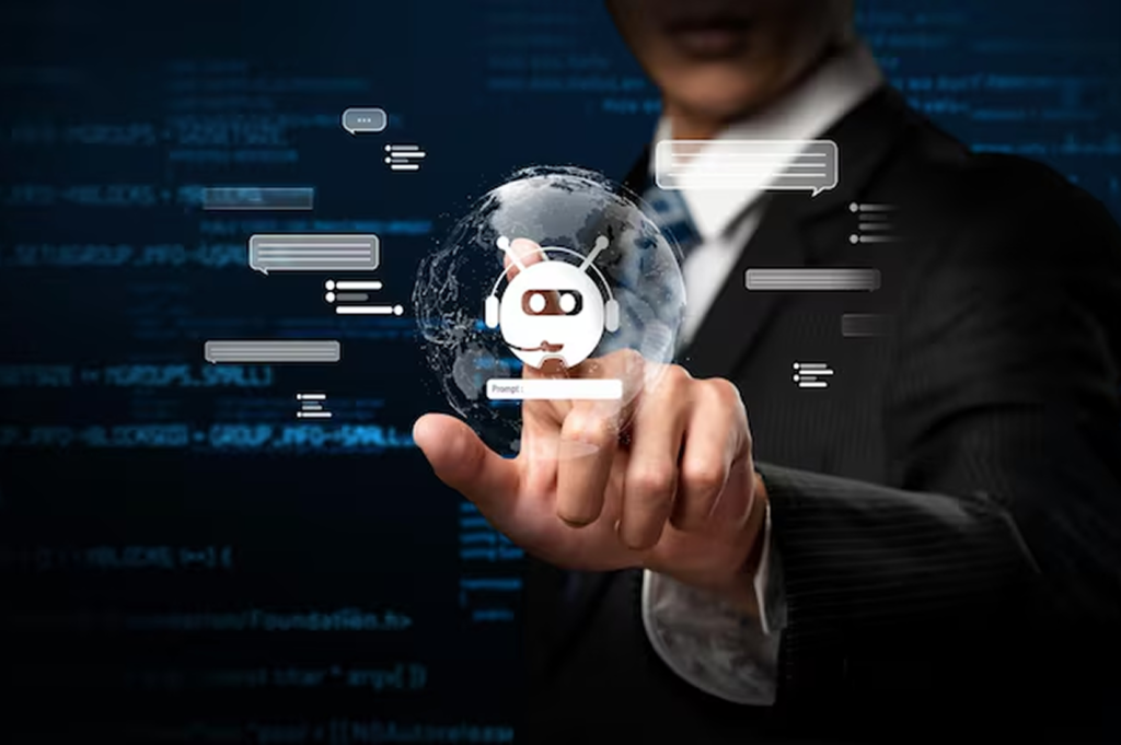 Business professional interacting with a digital AI interface featuring chatbot icons and communication bubbles, symbolizing AI product development services and intelligent agent automation.