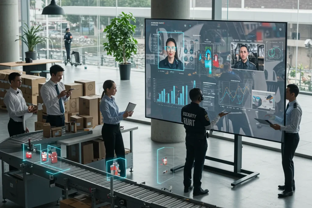 Security and operations team using computer vision technology for real-time video analytics, facial recognition, and visual data insights in an AI-driven product development setup