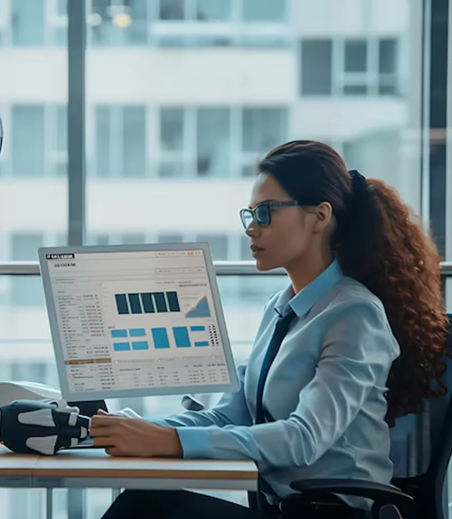 Engineer reviewing AI-based quality inspection dashboard for manufacturing components, using computer vision and deep learning to detect defects and optimize production