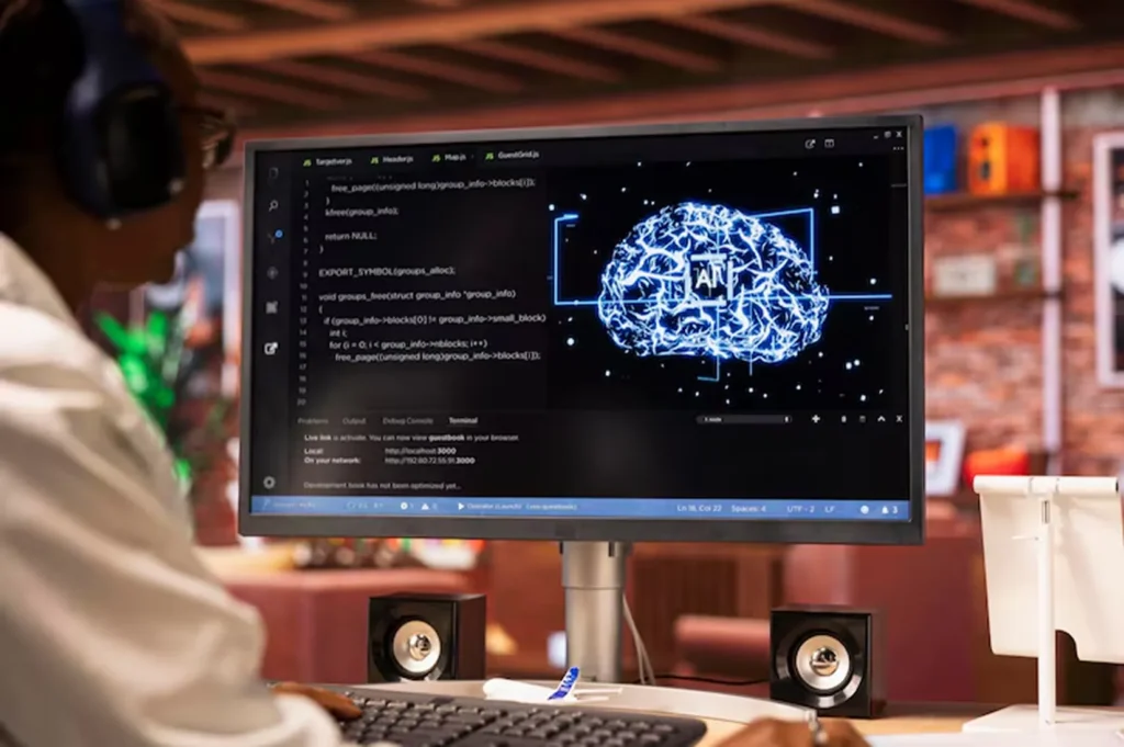 Developer training deep learning models on a computer with neural network visualizations, enhancing AI product development for complex tasks and automation