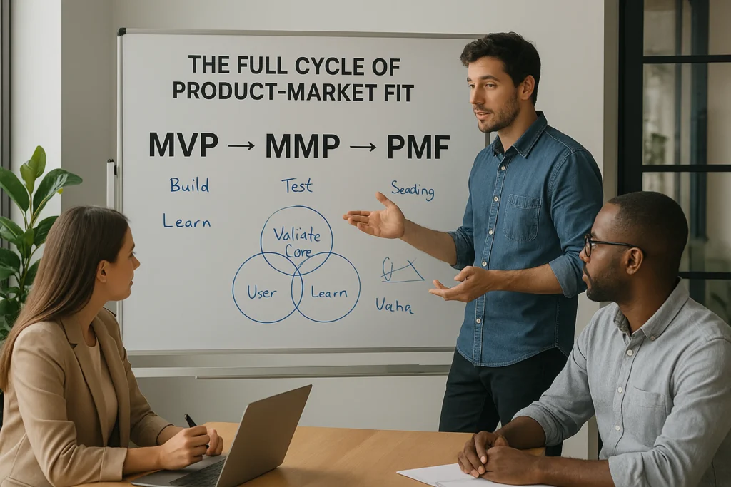 Team discussing product-market fit strategy with a whiteboard diagram showing the progression from minimum viable product to minimum marketable product and beyond for AI startups