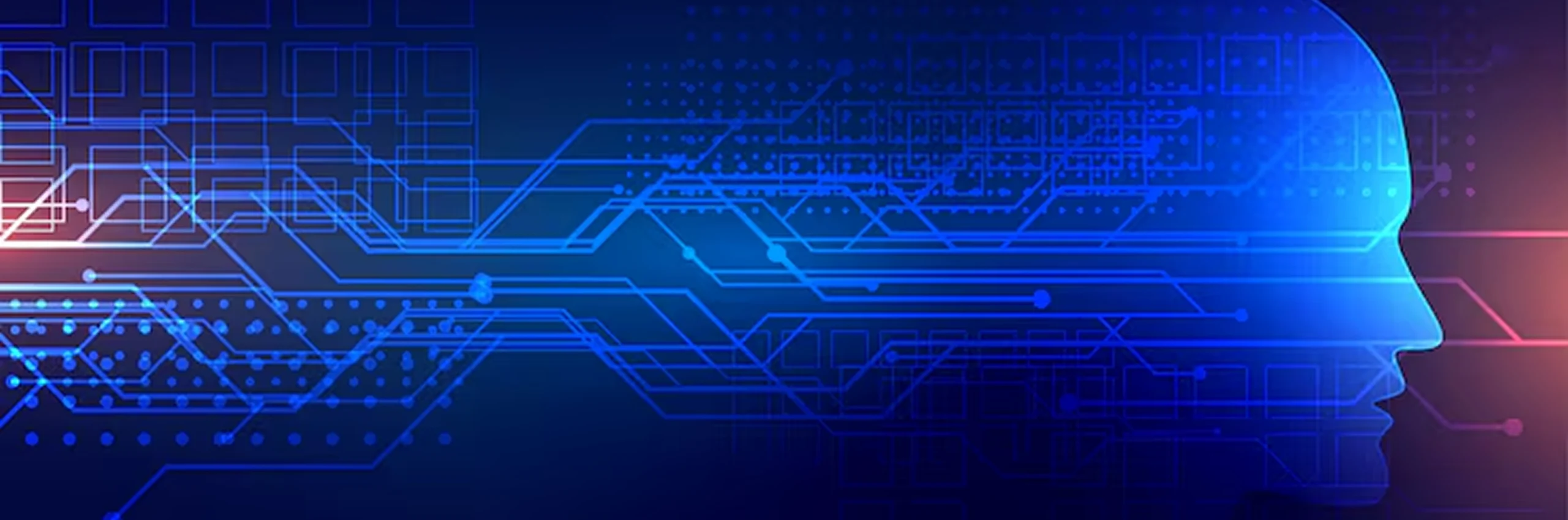 Abstract digital illustration of a human head silhouette integrated with circuit board patterns, symbolizing the role of fairness measures in AI product development and ethical artificial intelligence systems.