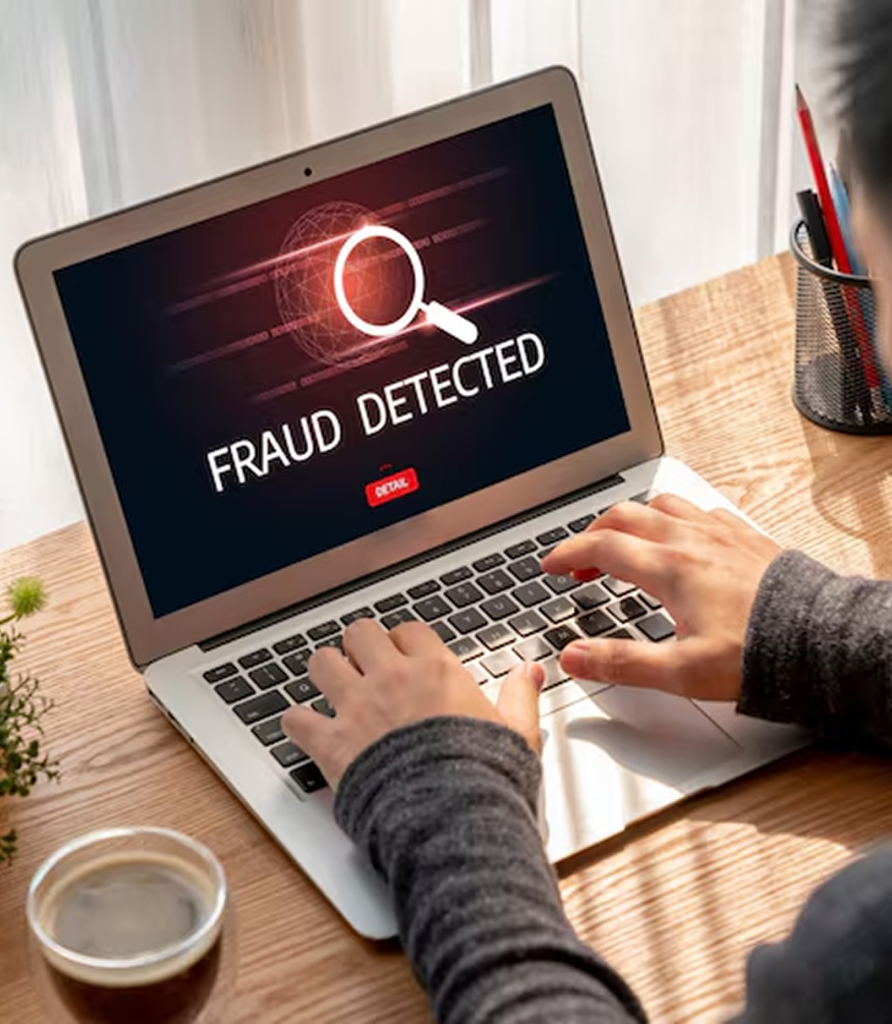 Person working on a laptop displaying a “Fraud Detected” alert, representing AI product development services for real-time fraud detection in fintech.