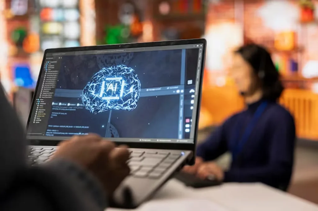 Developer working on generative AI model with neural network visualization on laptop, building custom AI solutions for content creation and personalized user experiences