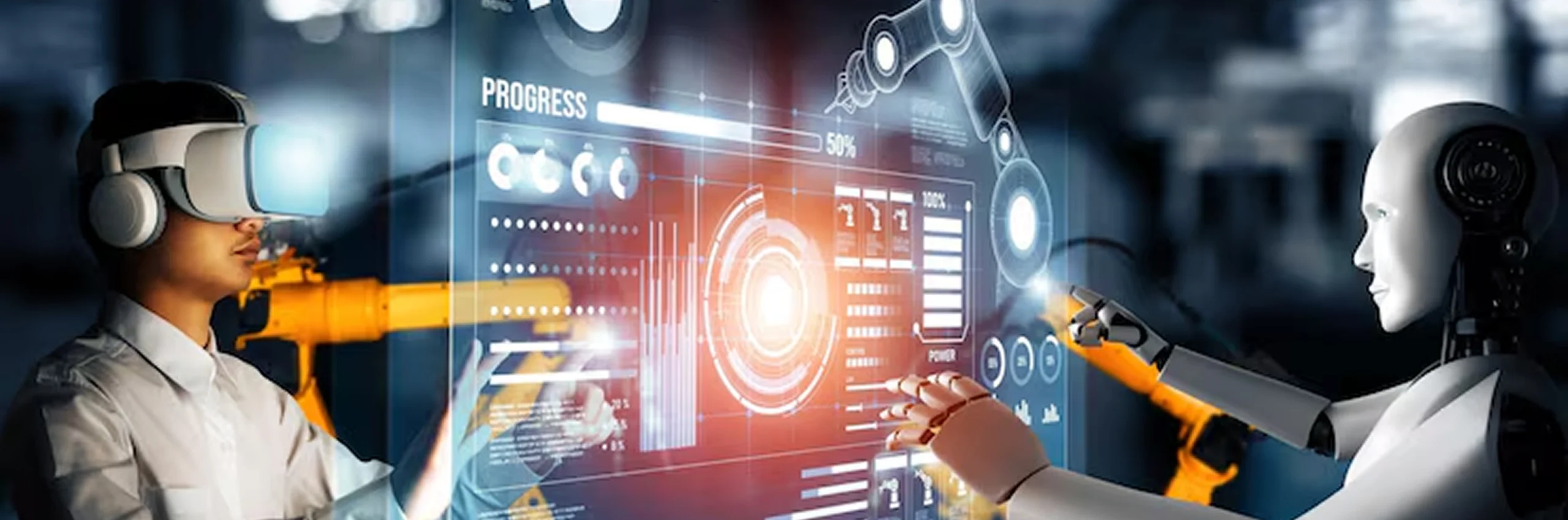 Futuristic scene showing a human with VR headset and a humanoid robot interacting with a high-tech digital interface—representing AI-powered product development, automation, and real-time collaboration for smarter, faster innovation.