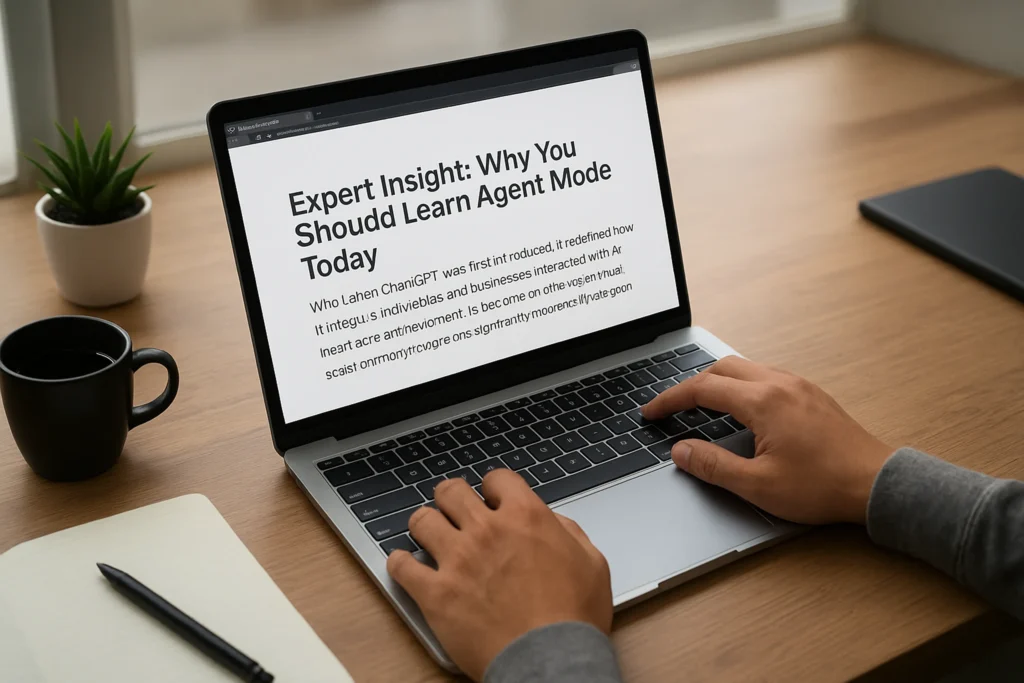 Person reading expert article on a laptop titled “Why You Should Learn Agent Mode Today,” highlighting the growing importance of mastering ChatGPT’s AI Agent Mode for automating workflows, research, and professional productivity.