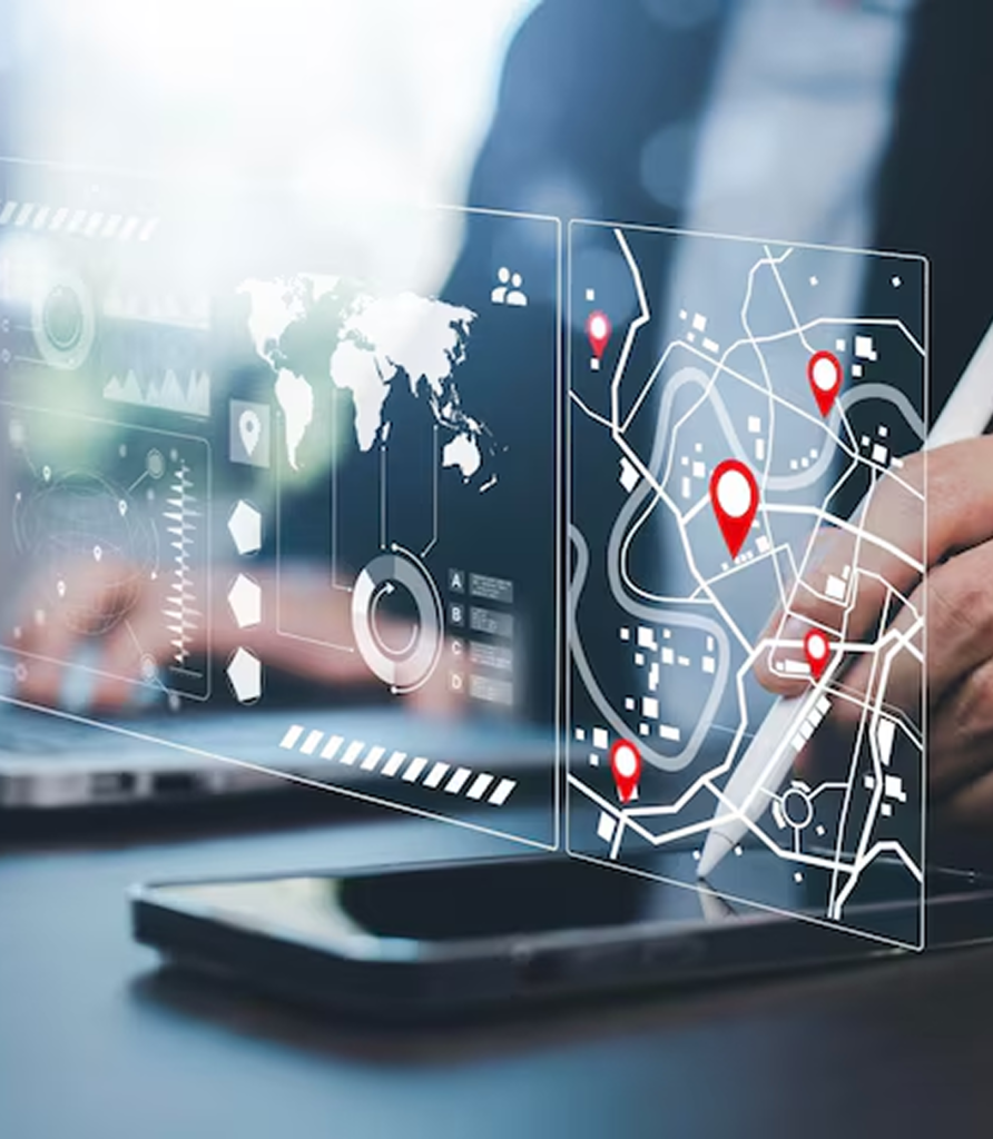 Business professional using digital interface with map and route markers, illustrating AI product development services for real-time route optimization in logistics.