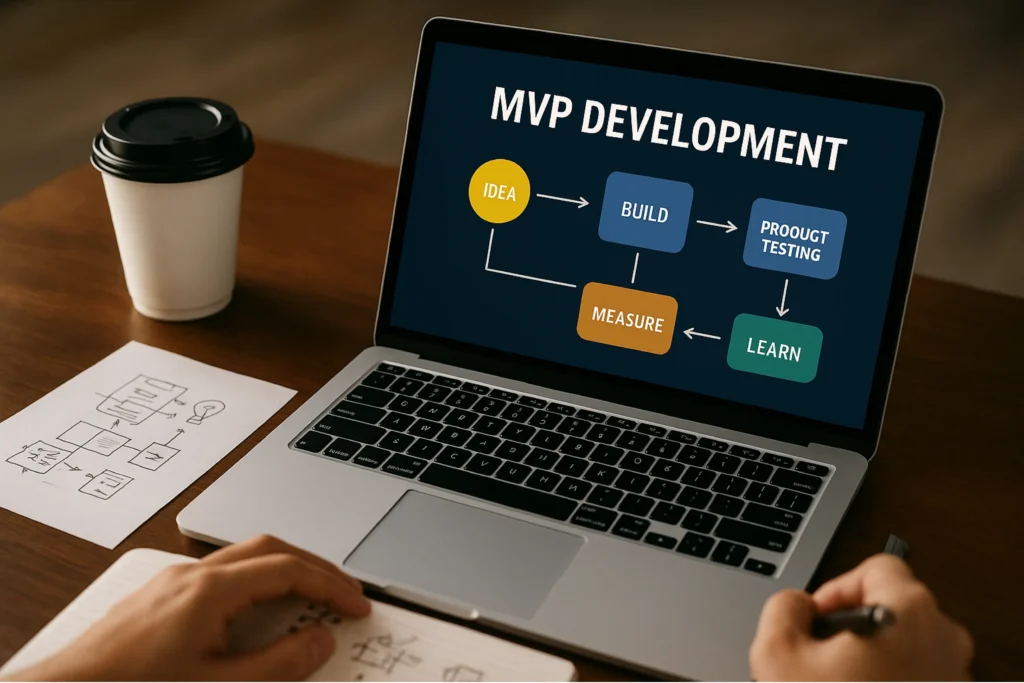 Laptop displaying MVP development flowchart with stages—Idea, Build, Product Testing, Learn, and Measure—demonstrating lean startup methodology for validating product ideas and refining them through real-world feedback.