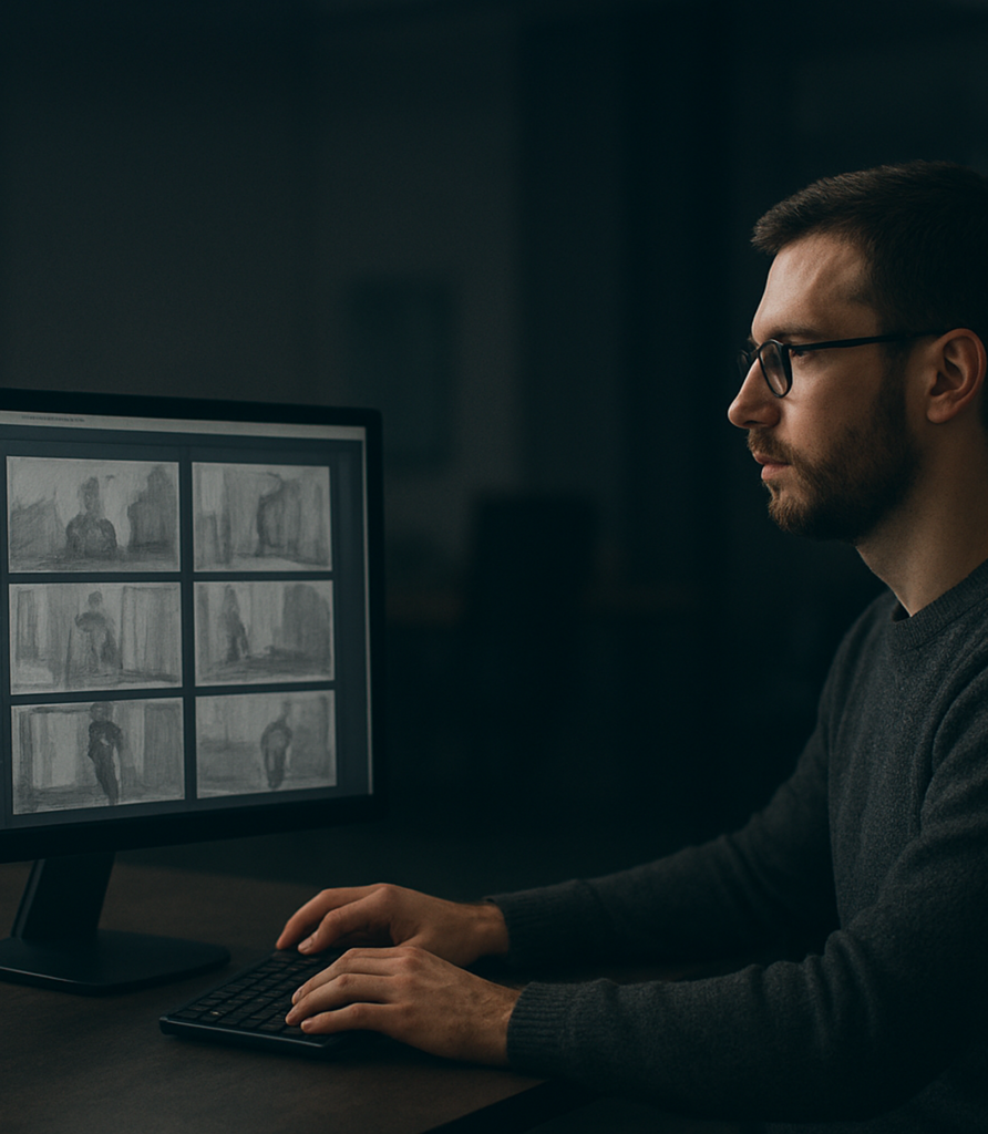 Man using AI-driven storyboarding software on a desktop computer, showcasing AI product development services for media and entertainment content creation.