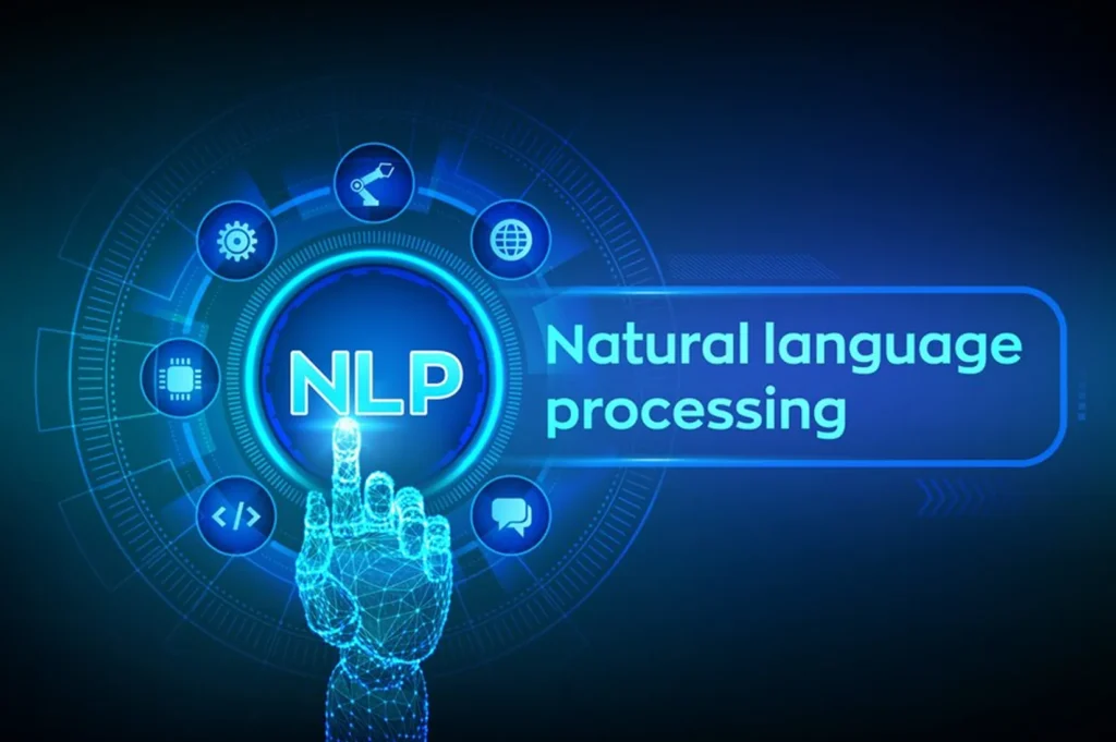 Futuristic interface highlighting NLP with a digital hand interacting, representing AI-powered natural language processing services for intelligent data interpretation and product development