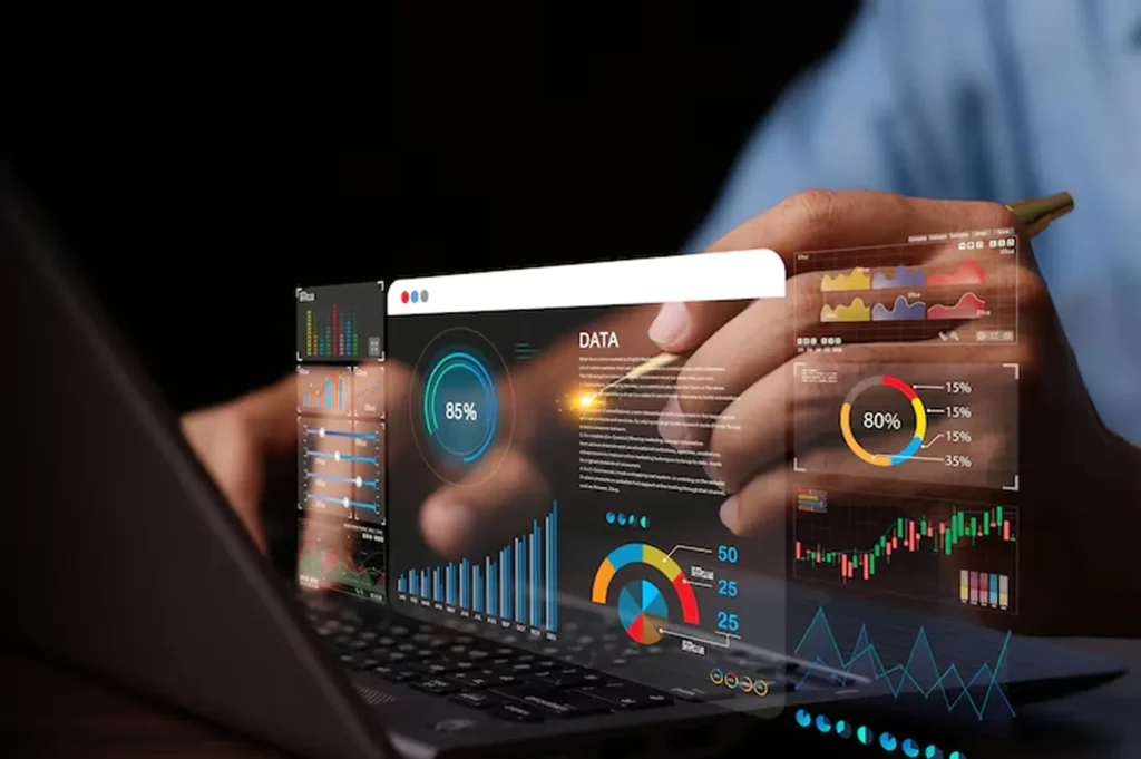 Professional analyzing interactive predictive analytics dashboard with data visualizations and trend forecasts, supporting AI product development for smarter business decisions