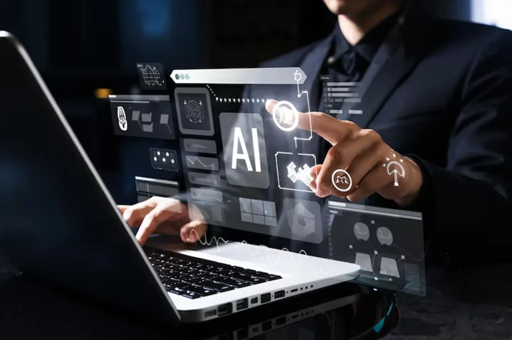 Professional interacting with futuristic AI interface on a laptop, showcasing integration of artificial intelligence into existing systems for scalable and secure product development