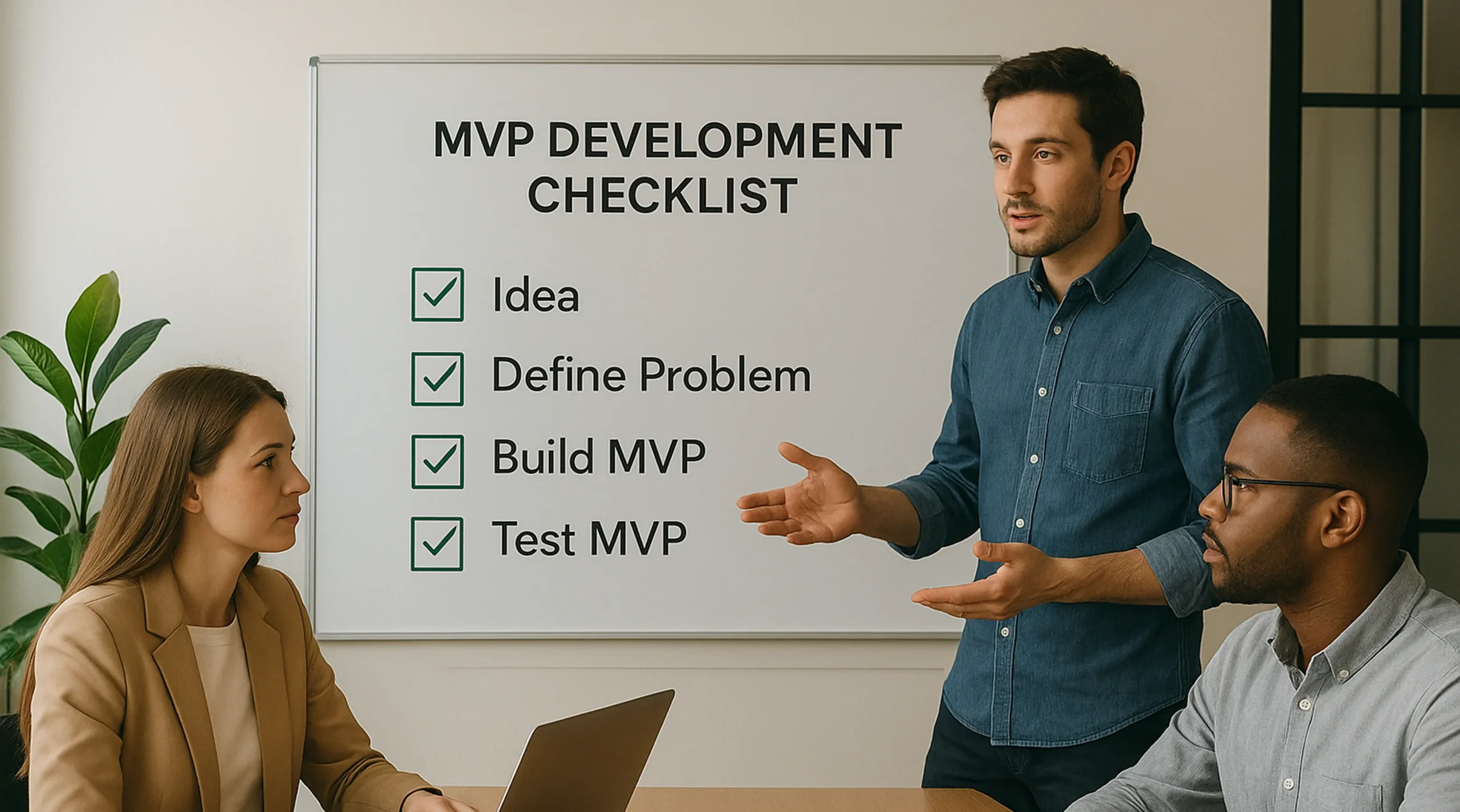 Team in a business meeting reviewing MVP development checklist on whiteboard, including steps like idea generation, problem definition, building MVP, and testing MVP—essential for startup product validation and lean development.