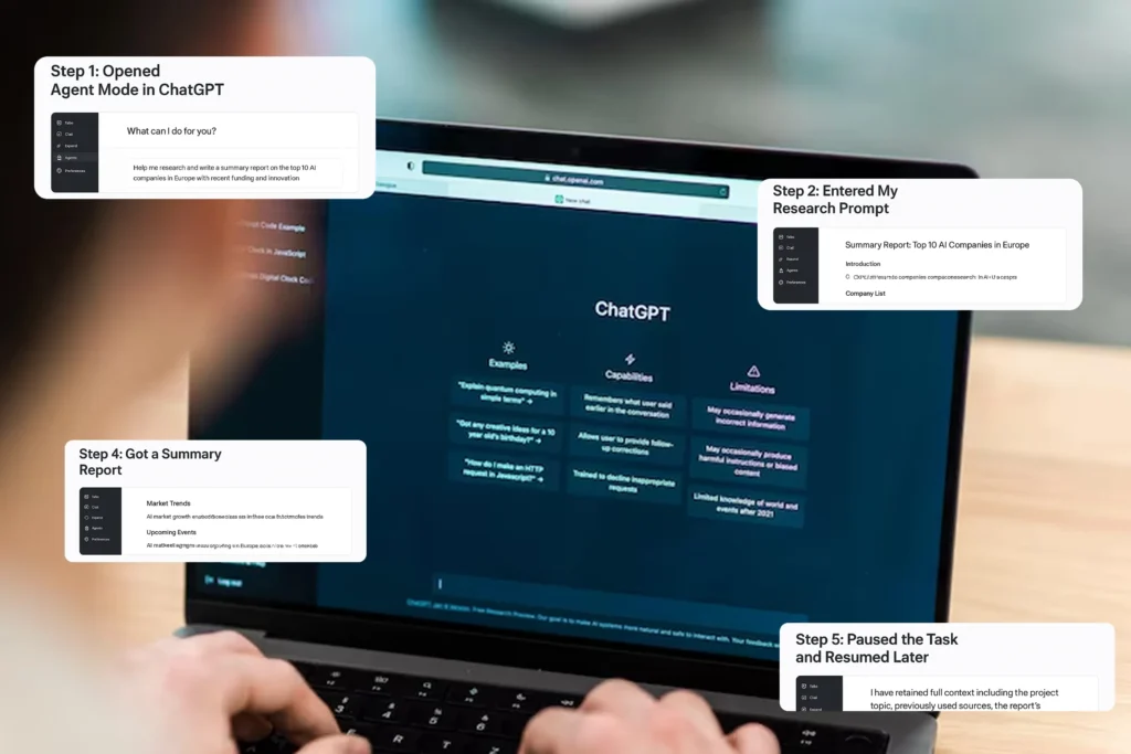 User interacting with ChatGPT's Agent Mode on laptop, showcasing step-by-step process for automating a research project—opening Agent Mode, entering a research prompt, generating a summary report, pausing and resuming tasks seamlessly using AI Agent GPT capabilities.