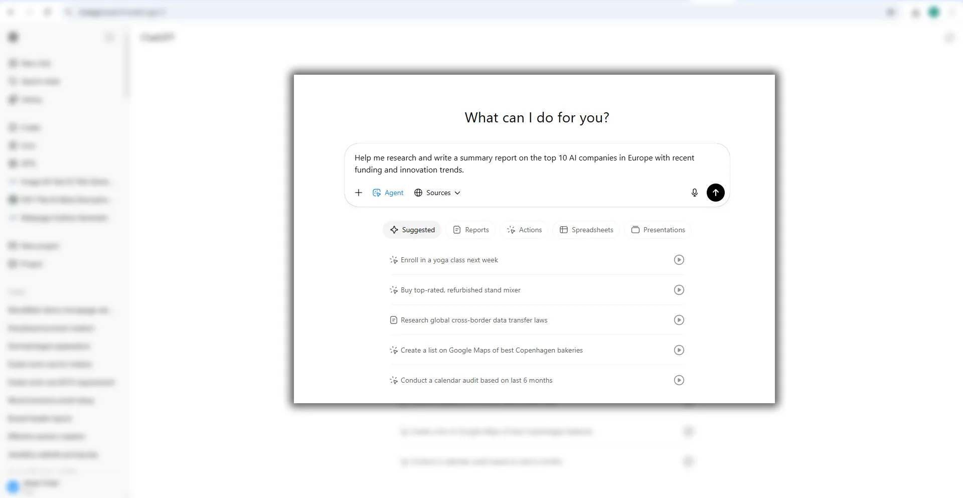 User inputting a detailed research prompt in ChatGPT Agent Mode, asking for a summary report on top 10 AI companies in Europe with recent funding and innovation trends, showcasing agent GPT's collaborative capabilities.
