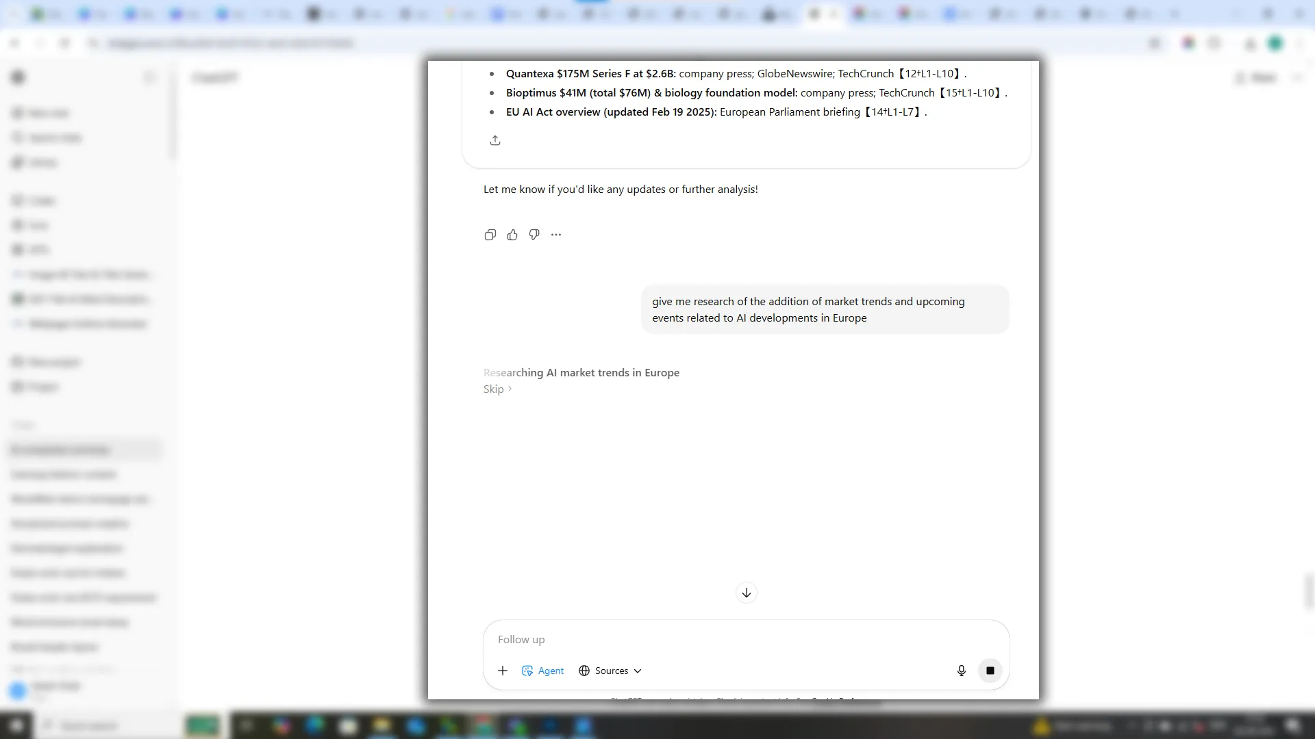 ChatGPT Agent Mode actively researching AI market trends and upcoming events in Europe, building on previous context and updating the report without repeated instructions, ensuring seamless project continuity.