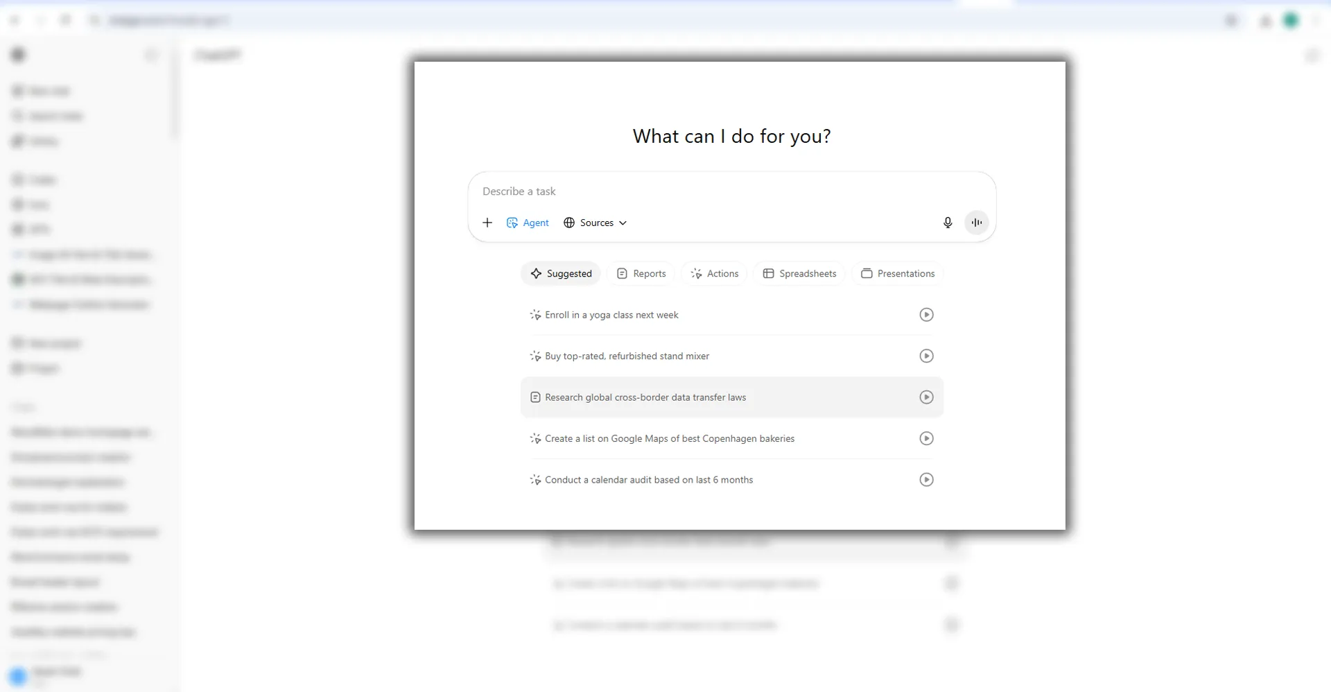 User interface of ChatGPT with Agent Mode activated, showing task suggestions like researching cross-border data laws and creating Google Maps lists, highlighting the functionality of AI agent tools.