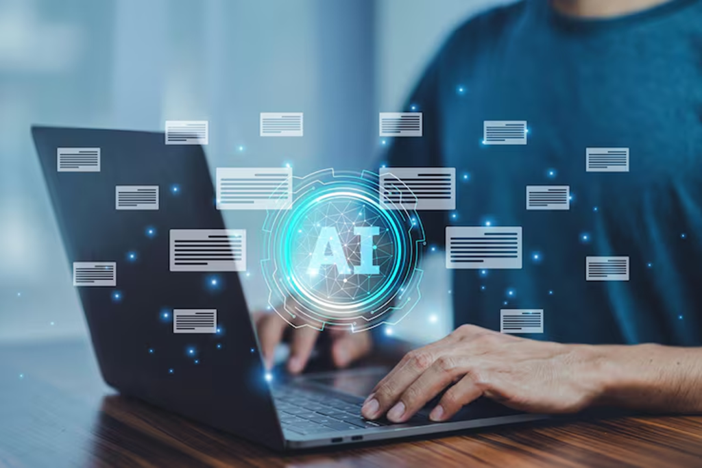 Person working on a laptop with floating text boxes and AI graphic overlay, representing NLP consultant services for automated text classification and categorization of emails, feedback, and documents.