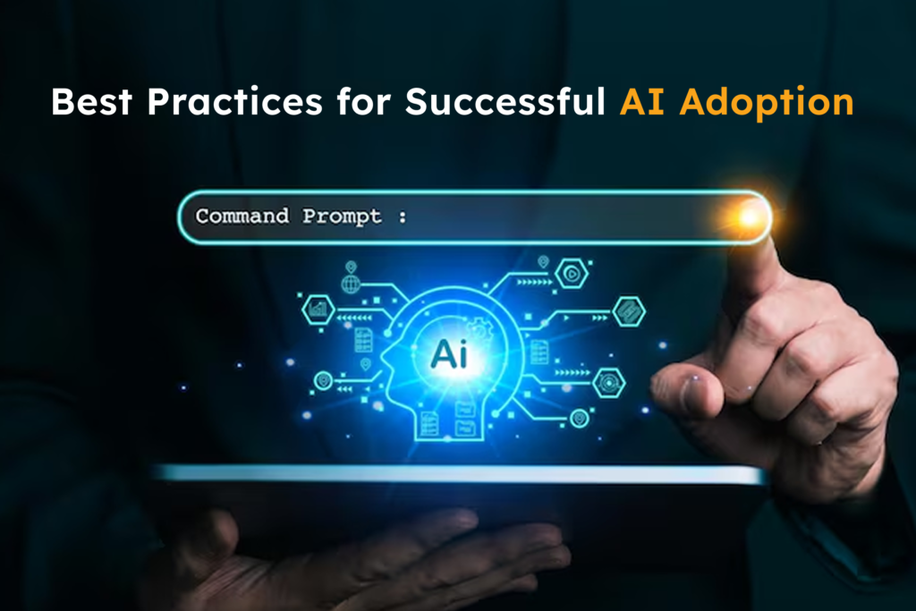 Business professional interacting with a digital AI interface on a tablet, symbolizing best practices for adopting AI, including clean data usage, explainability, cross-team collaboration, continuous improvement, and ethical implementation.