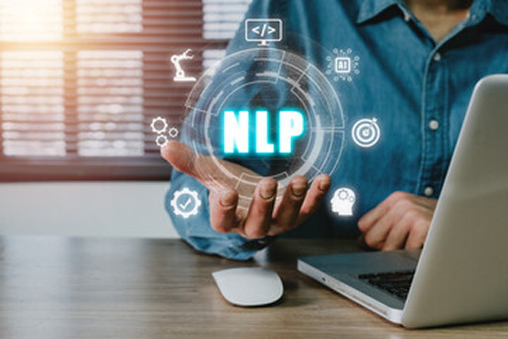 Professional holding a holographic NLP icon surrounded by AI and automation symbols, representing NLP consultant services for developing custom natural language processing models tailored to unique business needs and industries.